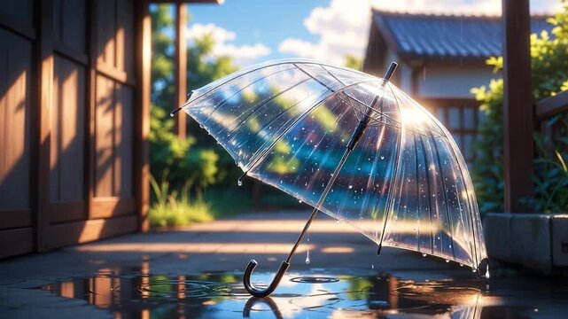 Transparent Umbrella Standing Alone in a Puddle on a Rainy Day anime