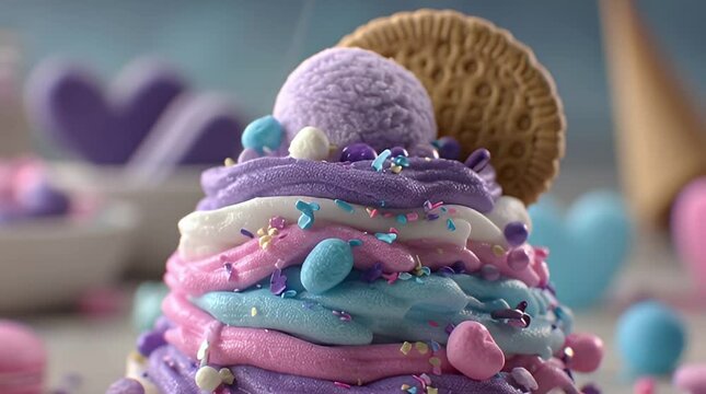 Creating a sweet dessert masterpiece in a cozy kitchen environment with camera zooming in on the details