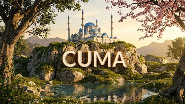 Cuma Mosque in the Serene Landscape: A magnificent mosque stands majestically amidst a tranquil natural backdrop, inviting contemplation and admiration. The beauty of architecture is framed by nature.