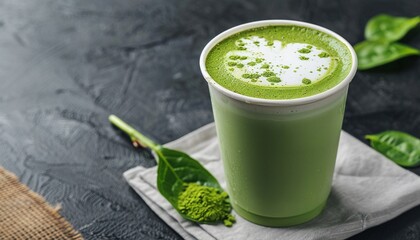 Hot creamy matcha latte in paper cup with frothy top and green tea powder on dark surface.