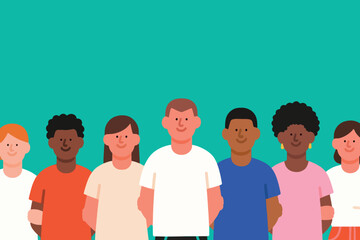 Obraz premium Diverse group of seven people standing side by side, smiling together against teal background, symbolizing unity and inclusion.