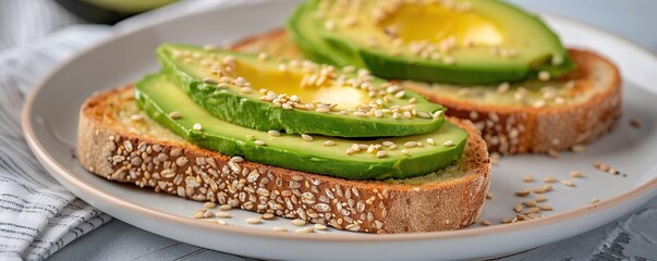 Closeup of toasted seeded bread with ripe avocado slices, olive oil and sesame seeds.