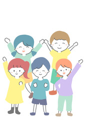 集まって笑顔で手を振る子どもたち　イラスト