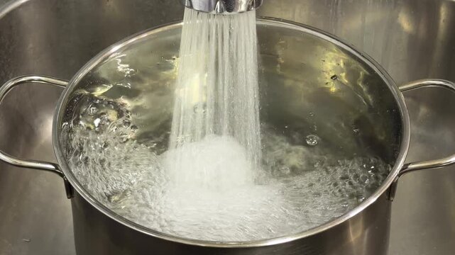 Water pours from a faucet into a large stainless steel pot in a sink. The steady stream hits the bottom and creates a loud splashing sound. Bubbles form as the container quickly fills with liquid.