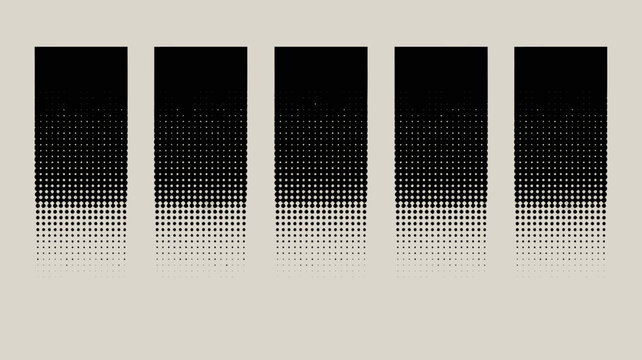 A minimalist composition displays five vertical rectangles each featuring a halftone gradient transitioning from solid black to white high quality professional detailed modern elegant stylish clean