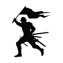 Fototapeta premium Warrior running with flag and swords in hand bravely into battle