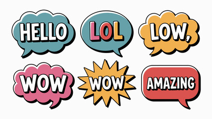 Obraz premium A colorful collection of cartoon speech bubbles displays various internet slang expressions like hello lol low wow and amazing high quality professional detailed modern elegant stylish
