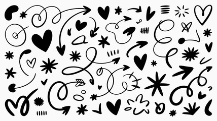 A playful arrangement of black doodle elements fills the frame including hearts stars arrows swirls and various abstract shapes high quality professional detailed modern elegant stylish © Peradox