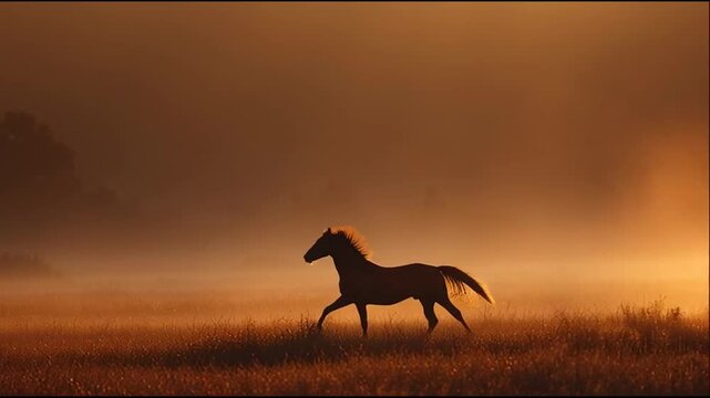 A lone horse running freely across a vast field at sunset with a warm orange glow