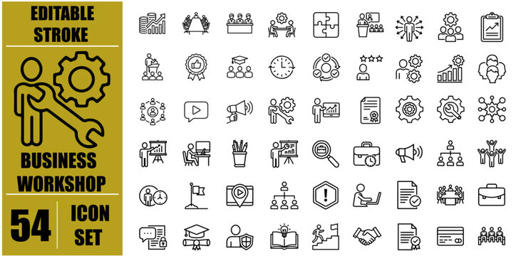 Business Workshop Icons Set &ndash; Meeting, Teamwork, Seminar, Discussion and Training Line Icons Collection, Editable Stroke Outline Symbols for Infographics, Presentation, Corporate Education, Conference