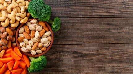 Assorted nuts with fresh broccoli and carrot slices arranged on rustic wooden background with copy space.