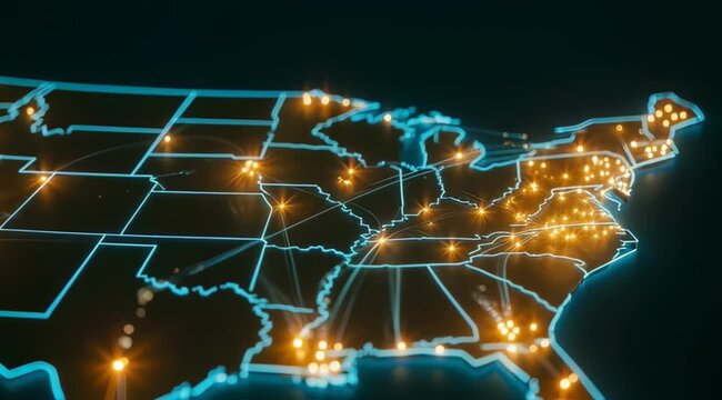 Glowing digital 3D map of the United States with neon blue outlines and orange connection points, concept for global logistics networking, digital infrastructure and national telecommunications