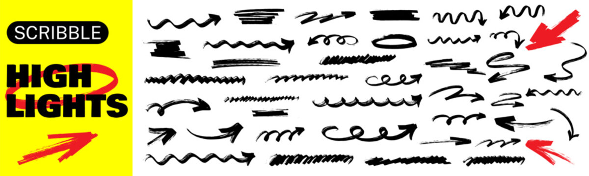 Creative line shapes on paper with marker highlight strokes, soft underline lines and arrow direction, clean marker highlight look with underline flow.