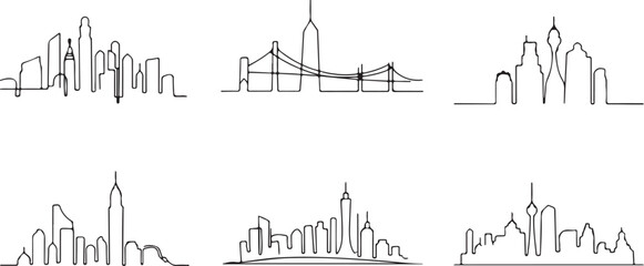 Naklejka premium Set of cityscape line design. Beautiful city view.one line icon illustration with white background