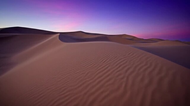 Sand dunes at dusk with rippled patterns under a gradient purple sky