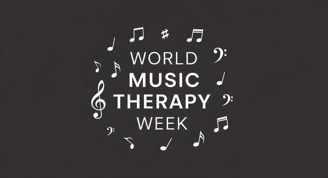 World Music Therapy Week Celebration with Musical Notes and Symbols on Dark Background