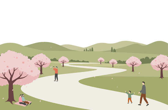 桜並木の白い遊歩道を散歩する人々と春の山々を描いたお花見風景イラスト