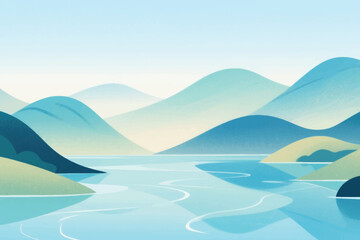 Fototapeta premium Serene water landscape with rolling hills, blue-green mountains, gentle currents, and clear gradient sky.