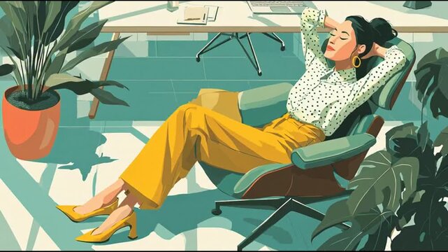 Woman Relaxing in Office Chair with Plants Around, Modern Workspace Illustration