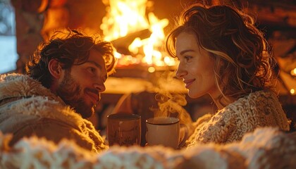Couple cozying by fireplace