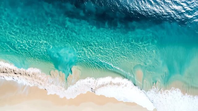 blue water surface, Overhead view of crystal clear turquoise water gently washing onto golden sand at a tropical beach, showcasing a smooth shoreline and vibrant summer colors, feather on the beach