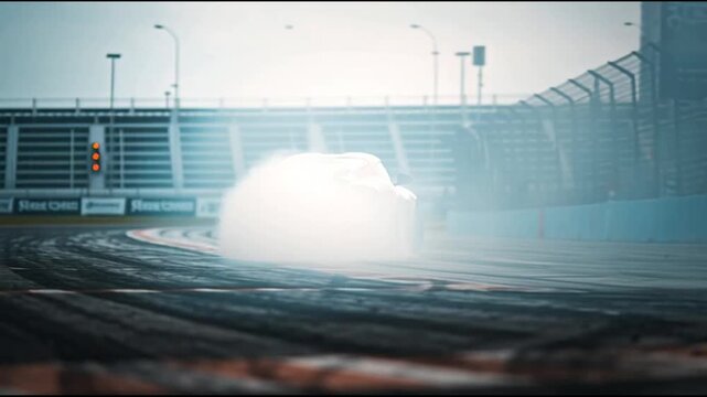 Racing car performing a drifting maneuver on a track with smoke and grandstands in the background from a low viewpoint