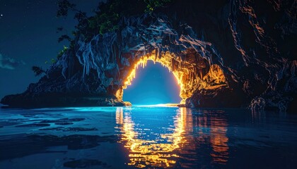 Cave archway ocean night