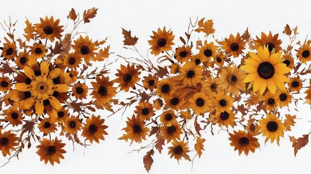 Animated floral pattern of orange and yellow sunflowers and autumn leaves on a white background.