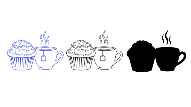 Muffin and coffee cup vector illustration set in different styles