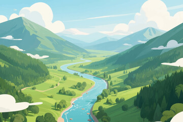 Fototapeta premium Green valley landscape with winding river, forested mountains, clear sky, and serene natural scenery.