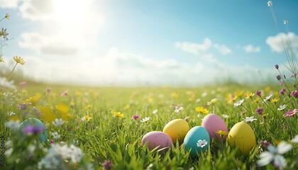 Vibrant easter eggs nestled in a blooming meadow under a clear blue sky © Akash