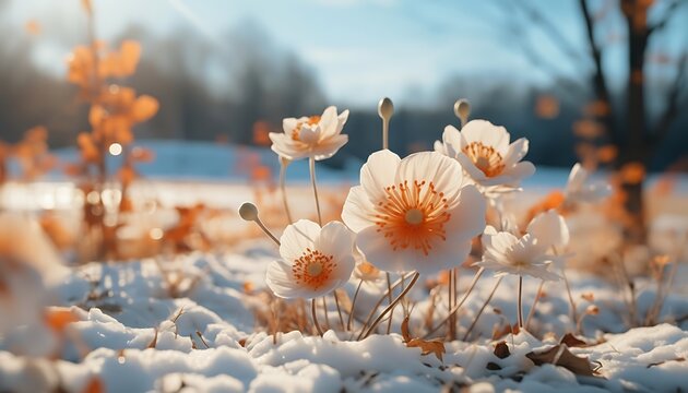 Delicate flowers bloom amidst a blanket of pristine white snow in a serene winter landscape