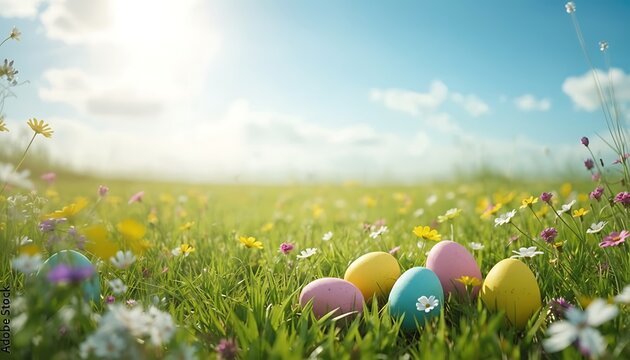 Vibrant easter eggs nestled in a blooming meadow under a clear blue sky