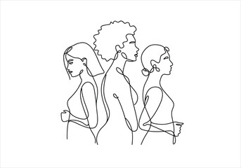 Obraz premium Three Women Diverse Line Art Portrait Minimalist Style, Side Profile