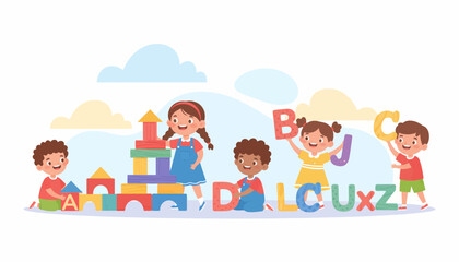 Naklejka premium Children Playing with Alphabet Blocks and Toys.