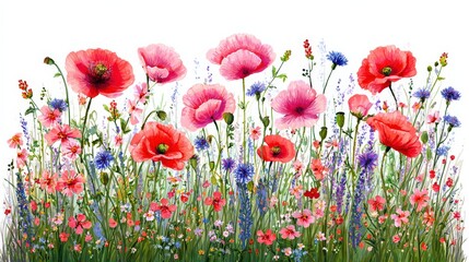 Obraz premium A vibrant field of blooming wildflowers including red poppies and various purple, pink, and blue flowers against a white background.