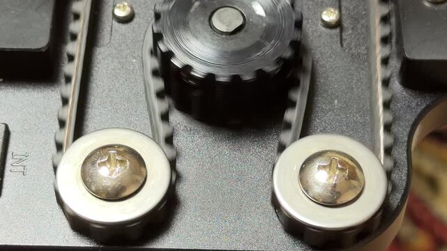 The motorized camera slider pulley pulls the rubber belt across smooth guide wheels. This mechanical movement generates a quiet, rhythmic rattling sound as the teeth engage.