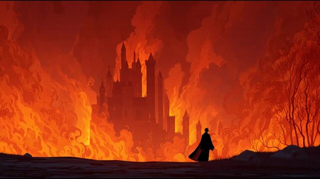 A lone figure stands before a burning castle, surrounded by flames and smoke, in a dark landscape, viewed from a distance, illustrating a dramatic scene.