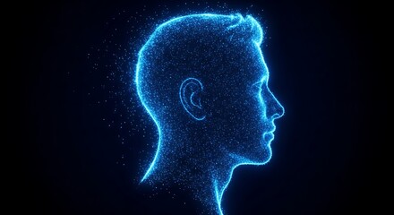 Glowing blue particle human head silhouette symbolizing artificial intelligence.