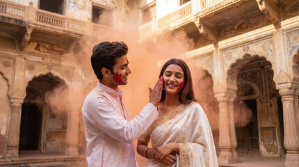 Fototapeta premium A couple celebrates holi playfully applying colored powder to each other s faces