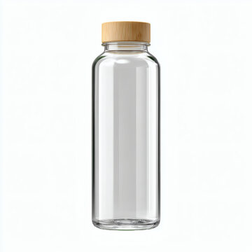 Empty glass bottle with bamboo lid isolated on white background