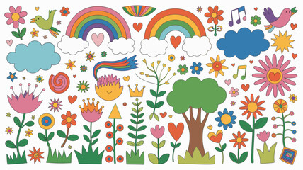 Naklejka premium A vibrant collection of illustrated stickers depicts a cheerful scene with rainbows birds flowers clouds and whimsical elements high quality professional detailed modern elegant stylish clean