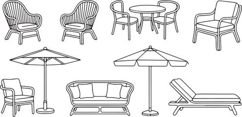 Patio furniture line art drawing Set. Outdoor, porch zone, garden yard interior elements, rattan armchairs, tables, daybed, umbrella, sunbed isolated.one line icon illustration with white background
