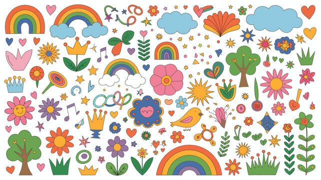 A vibrant collection of cartoon stickers depicts rainbows flowers hearts crowns trees and clouds creating a cheerful and playful design high quality professional detailed modern elegant