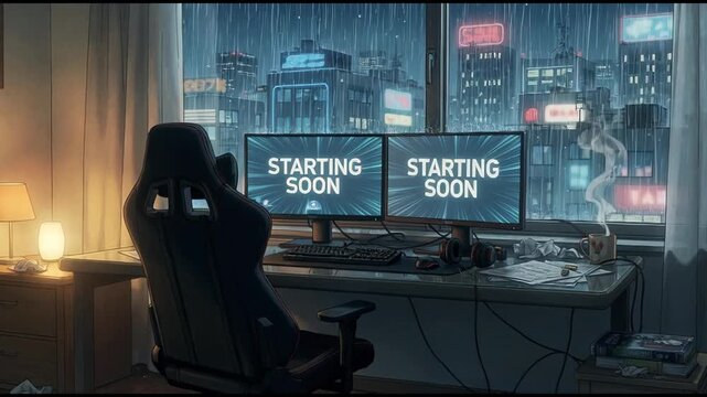 twitch overlays for streamer, stream starting soon screen, overlay loop, animated virtual backgrounds, cozy lo-fi streamer streaming starting soon, vtuber asset twitch zoom OBS, anime chill hip hop.