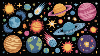 A vibrant collection of planets comets and stars fills a dark space showcasing a colorful and imaginative cosmic scene high quality professional detailed modern elegant stylish © DesignHub