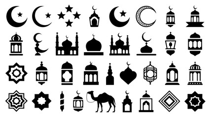 A collection of black silhouette icons representing islamic symbols including crescents stars mosques lanterns and a camel high quality professional detailed modern elegant stylish clean crisp © DesignHub