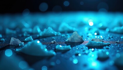 Abstract Blue Sci Fi Landscape with Crystalline Structures and Bokeh Lights in Futuristic Digital Art