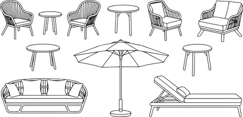 Patio furniture line art drawing Set. Outdoor, porch zone, garden yard interior elements, rattan armchairs, tables, daybed, umbrella, sunbed isolated.one line icon illustration with white background