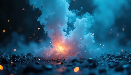 Explosion of blue smoke and bright orange fire on dark ground with glowing embers and bokeh effect dramatic lighting